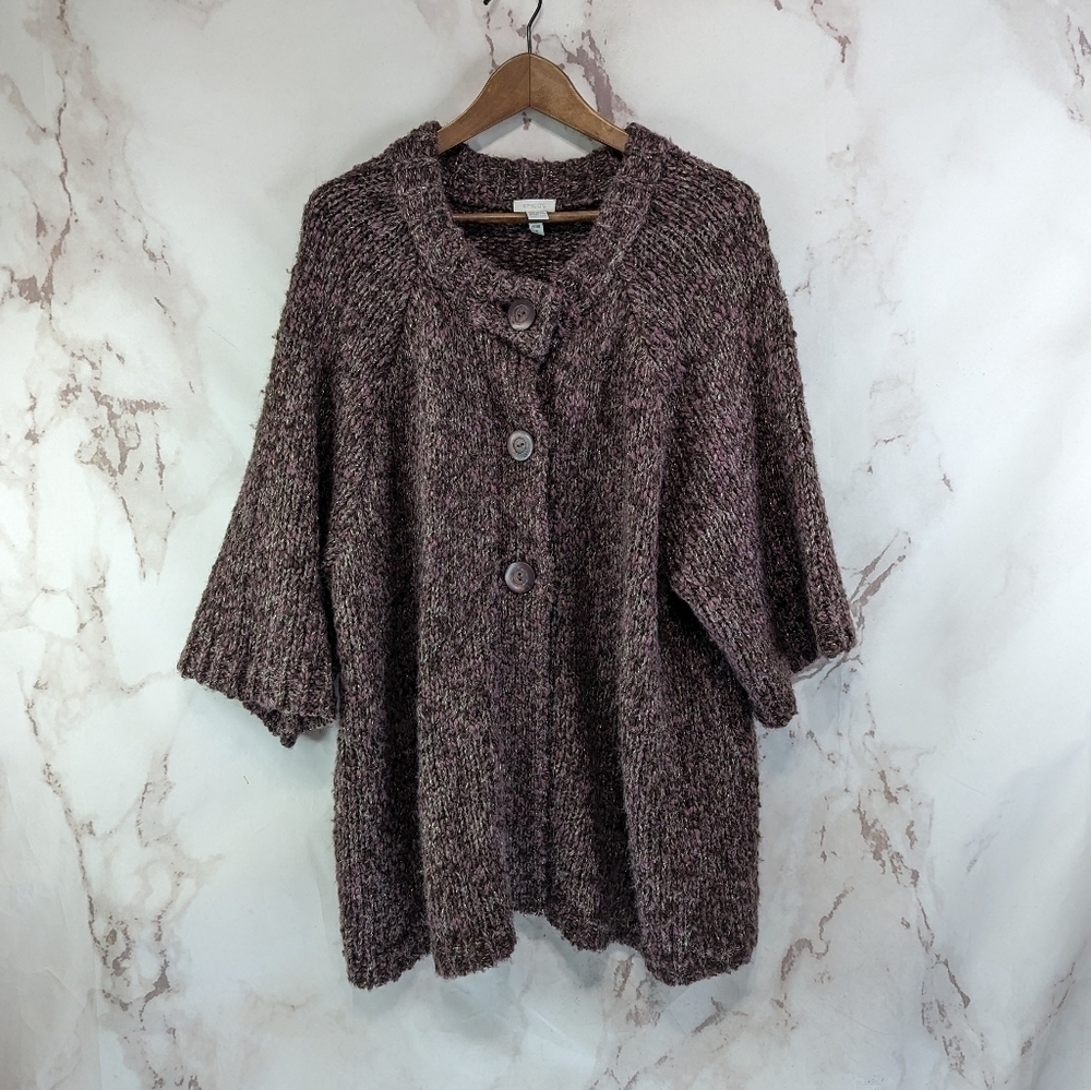 Chicos Cardigan Women 4 XXL Purple Sparkle Sweater Metallic Tunic Shrug Wool